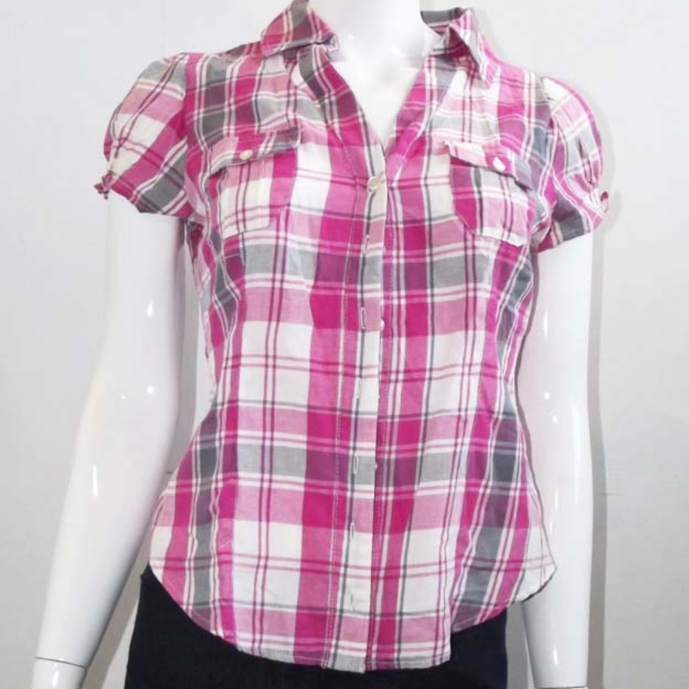 Pink Plaid Button Down Short Sleeved Top - Size L